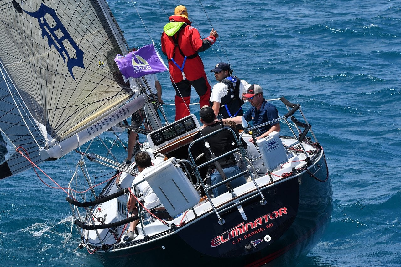 Sailboat named Eliminator with crew on the water