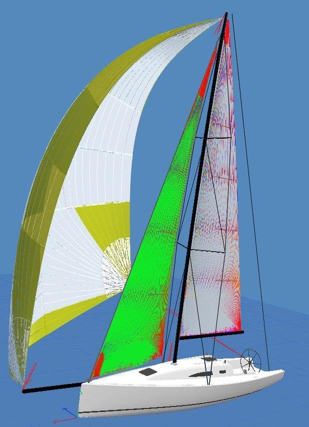 3D rendering of a sailboat with colorful sails